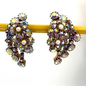 Vintage Aurora‎ Borealis Rhinestone Clip On Dangle Earrings Iridescent AB RARE